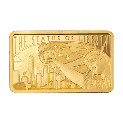 A picture of a 5 gram America the Free - Statue of Liberty Gold Bar (2024)